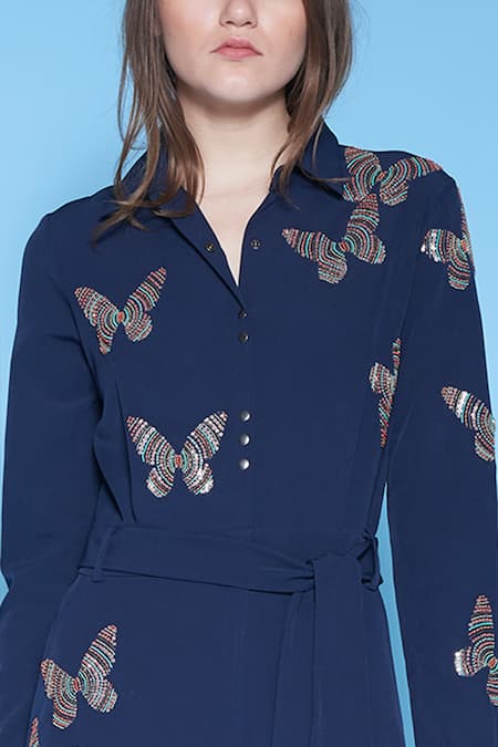 Buy_Shahin Mannan_Blue Double Crepe Spread Collar Embroidered Jumpsuit_Online_at_Aza_Fashions