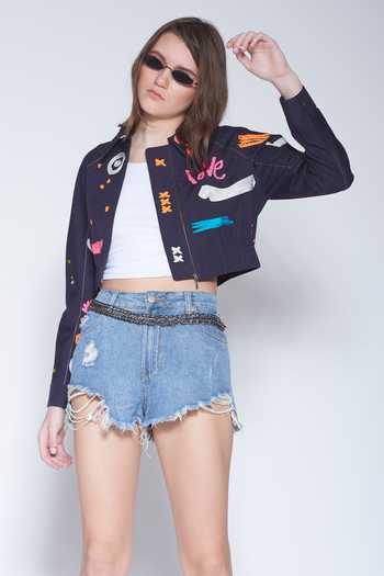 Shahin Mannan_Blue Poplin Blend Spread Collar Embroidered Cropped Jacket_Online_at_Aza_Fashions