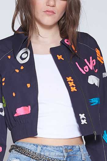 Shahin Mannan_Blue Poplin Blend Spread Collar Embroidered Cropped Jacket_at_Aza_Fashions