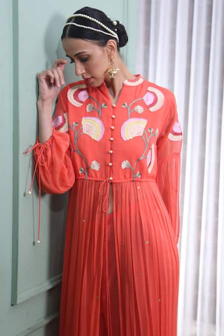 Buy_Seams Pret And Couture_Orange Georgette Embroidered Pearl Work Mandarin Collar Ivy Kurta And Palazzo Set _Online_at_Aza_Fashions