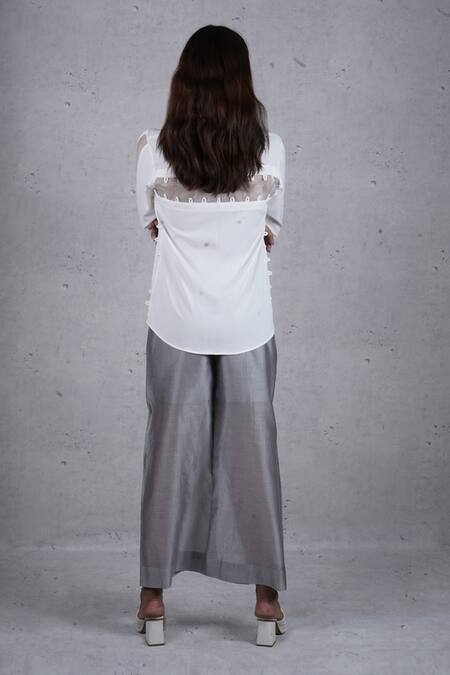 Buy Grey Silk Plain Flared Trouser For Women by FEBo6 Online at