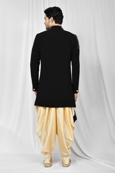 Shop_Arihant Rai Sinha_Black Terrycloth, Silk Embroidery Asymmetric Sherwani Set_at_Aza_Fashions