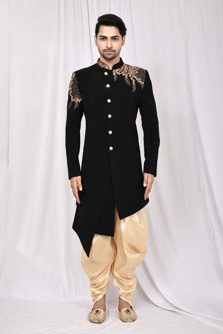 Buy_Arihant Rai Sinha_Black Terrycloth, Silk Embroidery Asymmetric Sherwani Set_Online_at_Aza_Fashions