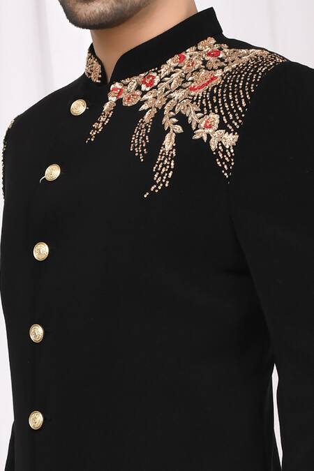 Arihant Rai Sinha_Black Terrycloth, Silk Embroidery Asymmetric Sherwani Set_at_Aza_Fashions