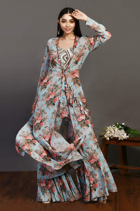 Onaya Blue Georgette Floral Print Pant Set With Jacket