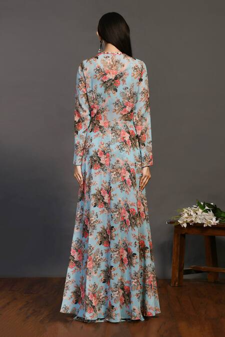 Shop_Onaya_Blue Georgette Floral Print Pant Set With Jacket_at_Aza_Fashions