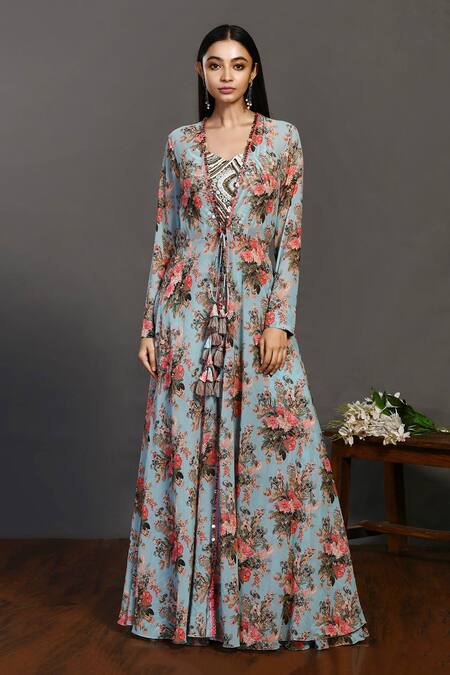 Onaya_Blue Georgette Floral Print Pant Set With Jacket_Online_at_Aza_Fashions