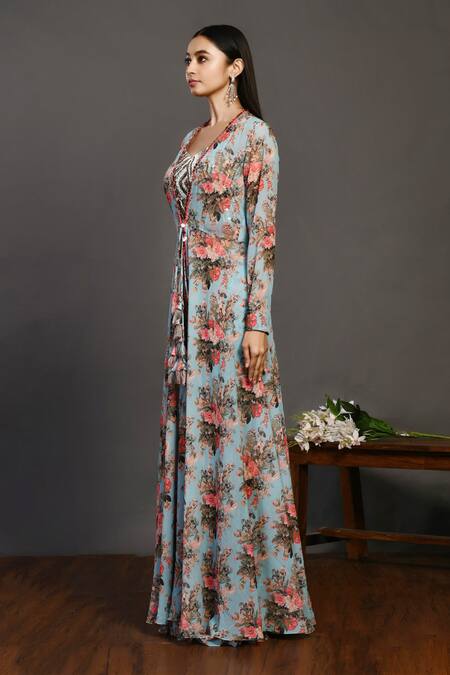Buy_Onaya_Blue Georgette Floral Print Pant Set With Jacket_Online_at_Aza_Fashions