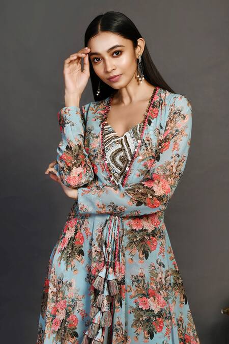Shop_Onaya_Blue Georgette Floral Print Pant Set With Jacket_Online_at_Aza_Fashions