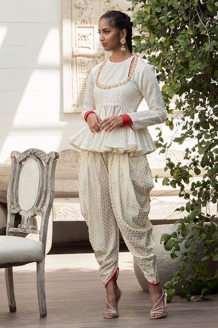 Buy Hilo Design White Pattu Embroidered Kurta Dhoti Pant Set Online  Aza  Fashions