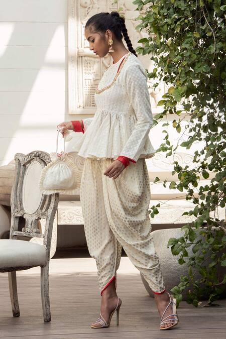 Nikasha White Crepe, Banarasi Woven Cotton Round Kurta And Dhoti Pant Set Online at Aza Fashions Nikasha_White Crepe, Banarasi Woven Cotton Round Kurta And Dhoti Pant Set _Online_at_Aza_Fashions