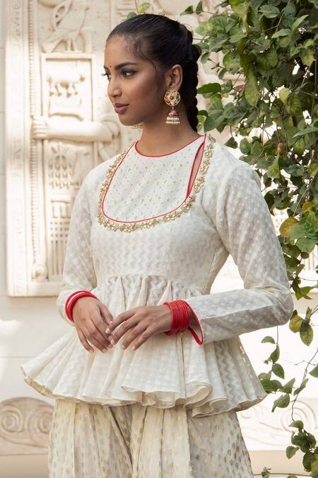Buy Nikasha White Crepe, Banarasi Woven Cotton Round Kurta And Dhoti Pant Set Online at Aza Fashions Buy_Nikasha_White Crepe, Banarasi Woven Cotton Round Kurta And Dhoti Pant Set _Online_at_Aza_Fashions