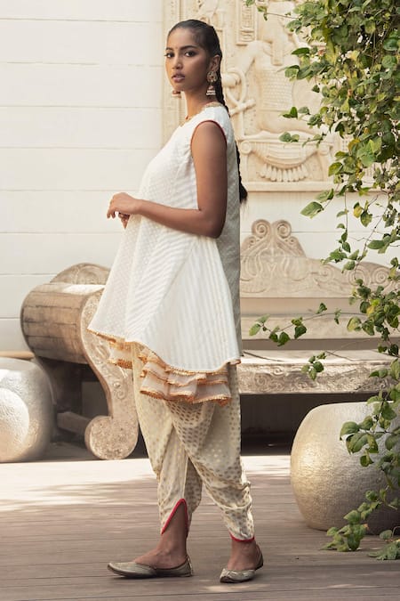 Nikasha_White Crepe, Banarasi Woven Cotton Round Kurta And Dhoti Pant Set _Online_at_Aza_Fashions