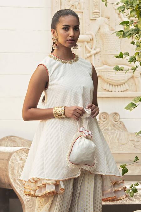 Buy_Nikasha_White Crepe, Banarasi Woven Cotton Round Kurta And Dhoti Pant Set _Online_at_Aza_Fashions
