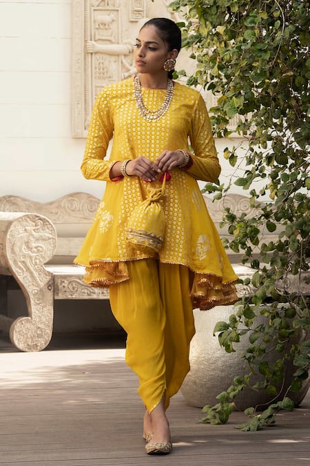 Nikasha_Yellow Crepe Round Printed Kurta And Dhoti Pant Set _Online_at_Aza_Fashions