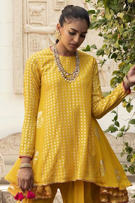 Shop_Nikasha_Yellow Crepe Round Printed Kurta And Dhoti Pant Set _Online_at_Aza_Fashions