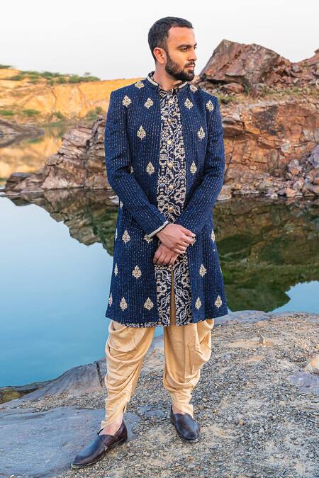 Soniya G_Blue Silk Zari Work Jacket Sherwani Dhoti Pant Set_Online_at_Aza_Fashions