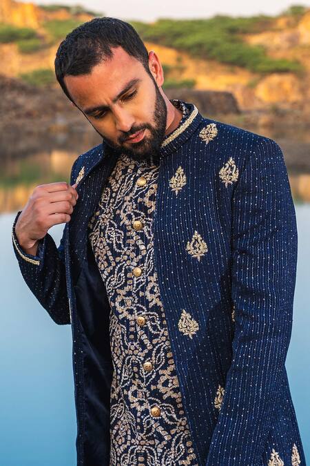 Buy_Soniya G_Blue Silk Zari Work Jacket Sherwani Dhoti Pant Set_Online_at_Aza_Fashions