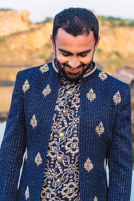 Shop_Soniya G_Blue Silk Zari Work Jacket Sherwani Dhoti Pant Set_Online_at_Aza_Fashions