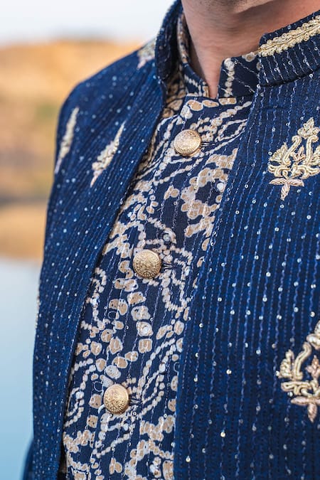 Soniya G_Blue Silk Zari Work Jacket Sherwani Dhoti Pant Set_at_Aza_Fashions