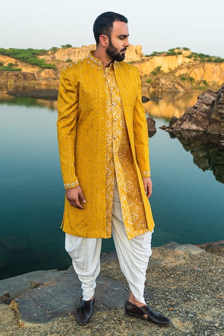 Soniya G_Yellow Silk Zari Work Embroidered Jacket Dhoti Pant Set_Online_at_Aza_Fashions