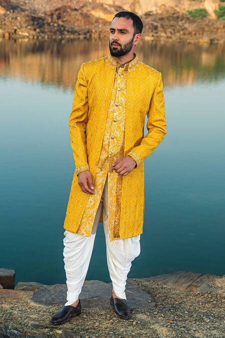 Buy_Soniya G_Yellow Silk Zari Work Embroidered Jacket Dhoti Pant Set_Online_at_Aza_Fashions