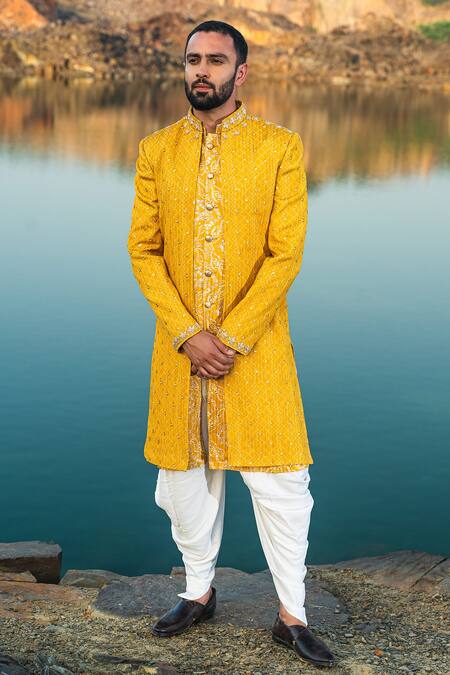 Shop_Soniya G_Yellow Silk Zari Work Embroidered Jacket Dhoti Pant Set_Online_at_Aza_Fashions