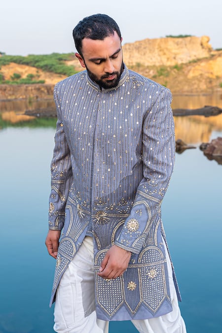 Soniya G_Blue Silk Zari Work Sherwani And Dhoti Pant Set _Online_at_Aza_Fashions