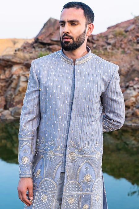 Buy_Soniya G_Blue Silk Zari Work Sherwani And Dhoti Pant Set _Online_at_Aza_Fashions