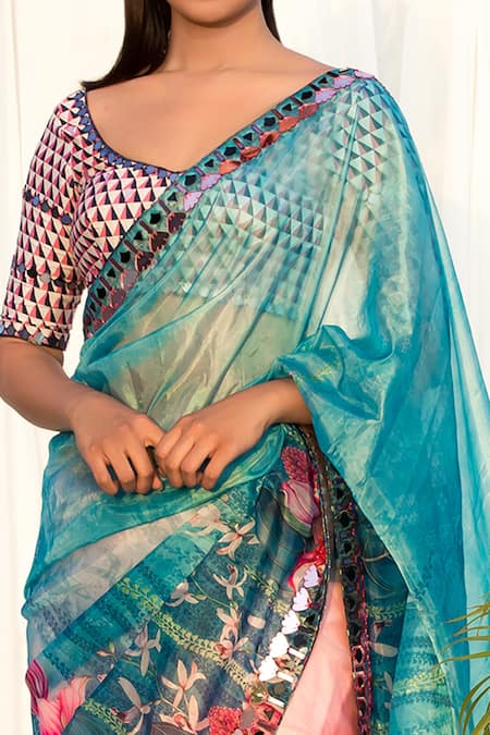 Shop Izzumi Mehta Blue Organza Leaf Neck Printed Saree With Blouse at Aza Fashions Shop_Izzumi Mehta_Blue Organza Leaf Neck Printed Saree With Blouse _at_Aza_Fashions