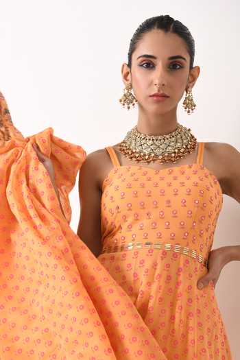 Pooja Rajgarhia Gupta Orange Georgette Sweetheart Neck Printed Anarkali Online at Aza Fashions Pooja Rajgarhia Gupta_Orange Georgette Sweetheart Neck Printed Anarkali _Online_at_Aza_Fashions