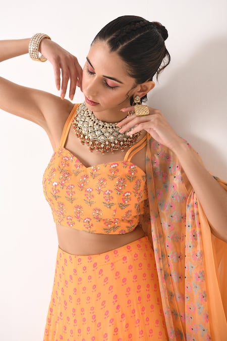 Buy Orange Choli And Lehenga Georgette Embellished Floral Motifs V Neck Set  For Women by Seema Thukral Online at Aza Fashions.