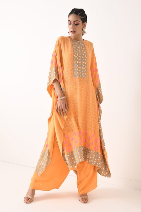 Buy_Pooja Rajgarhia Gupta_Orange Crepe Round Printed Kaftan Tunic And Pant Set _Online_at_Aza_Fashions