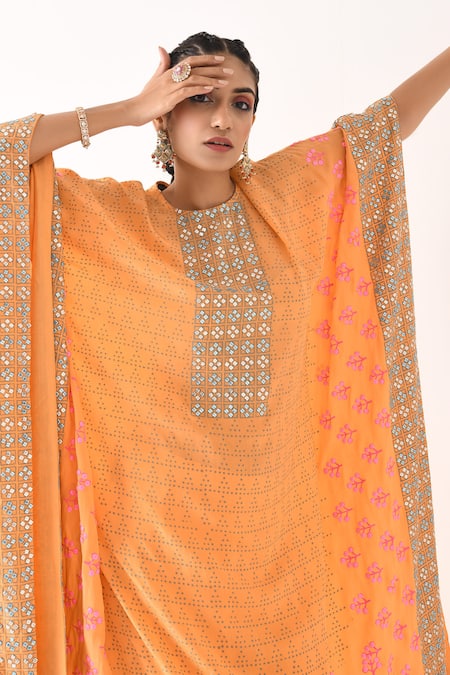 Shop_Pooja Rajgarhia Gupta_Orange Crepe Round Printed Kaftan Tunic And Pant Set _Online_at_Aza_Fashions