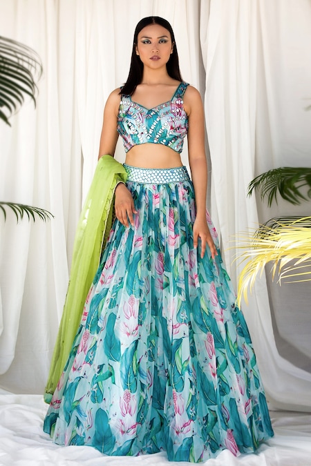 Light-parrot-green thread embroidery organza semi stitched lehenga -  MESMORE - 3799086