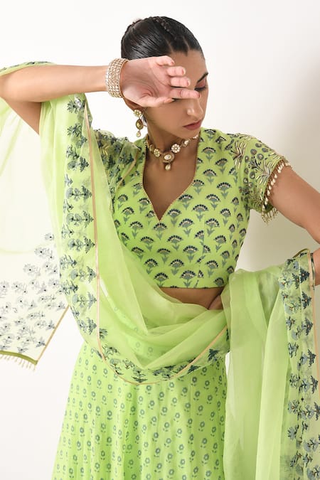 Shop_Pooja Rajgarhia Gupta_Green Organza, Georgette Leaf Neck Printed Lehenga Set _Online_at_Aza_Fashions