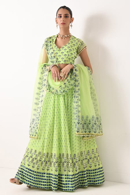 Pooja Rajgarhia Gupta Green Organza, Georgette Leaf Neck Printed Lehenga Set 