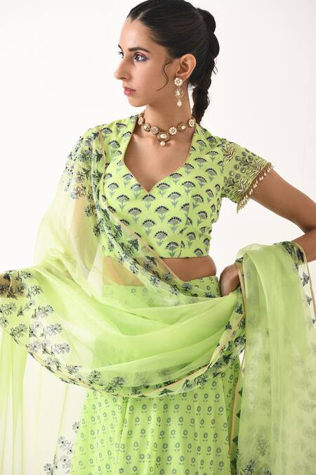 Buy_Pooja Rajgarhia Gupta_Green Organza, Georgette Leaf Neck Printed Lehenga Set _Online_at_Aza_Fashions