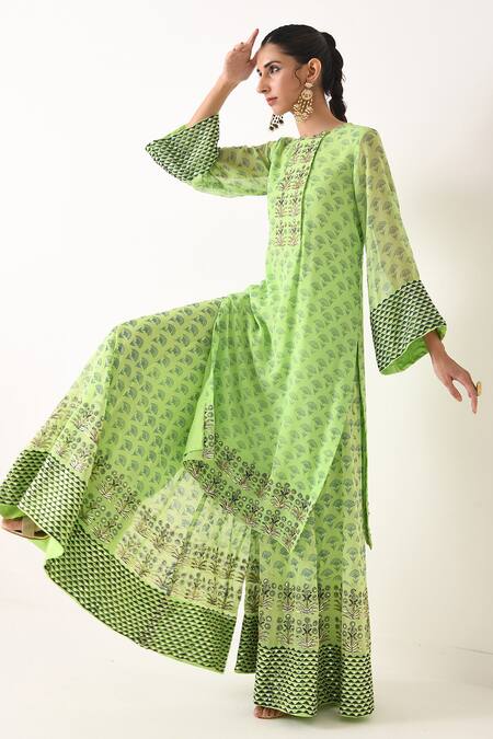 Buy Pooja Rajgarhia Gupta Green Organza, Georgette Round Printed Kurta And Gharara Set Online at Aza Fashions Buy_Pooja Rajgarhia Gupta_Green Organza, Georgette Round Printed Kurta And Gharara Set _Online_at_Aza_Fashions