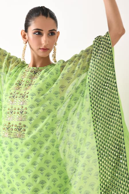 Pooja Rajgarhia Gupta Green Crepe, Georgette Round Printed Kaftan Tunic And Pant Set at Aza Fashions Pooja Rajgarhia Gupta_Green Crepe, Georgette Round Printed Kaftan Tunic And Pant Set _at_Aza_Fashions