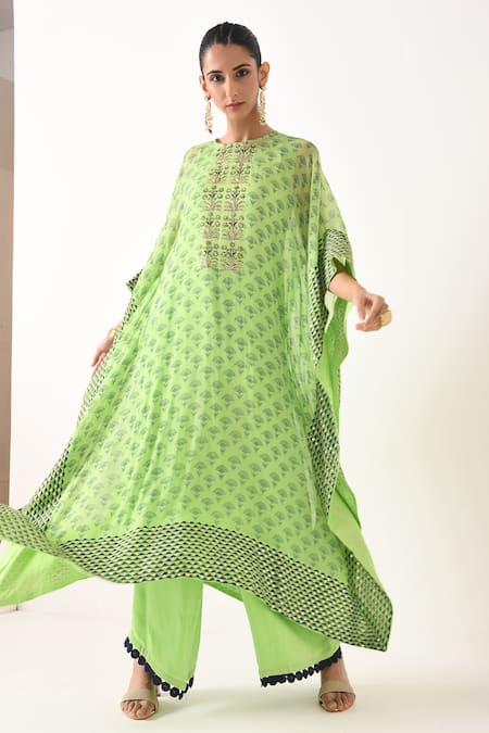 Buy Pooja Rajgarhia Gupta Green Crepe, Georgette Round Printed Kaftan Tunic And Pant Set Online at Aza Fashions Buy_Pooja Rajgarhia Gupta_Green Crepe, Georgette Round Printed Kaftan Tunic And Pant Set _Online_at_Aza_Fashions