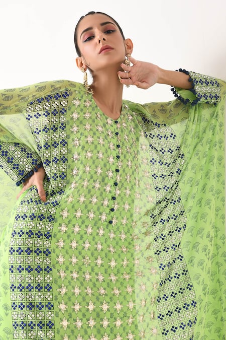 Buy Pooja Rajgarhia Gupta Green Crepe, Georgette Round Printed Kaftan Tunic And Pant Set Online at Aza Fashions Buy_Pooja Rajgarhia Gupta_Green Crepe, Georgette Round Printed Kaftan Tunic And Pant Set _Online_at_Aza_Fashions