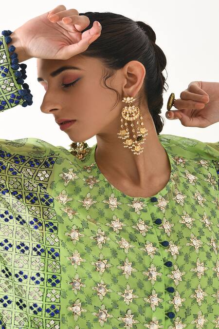 Pooja Rajgarhia Gupta Green Crepe, Georgette Round Printed Kaftan Tunic And Pant Set at Aza Fashions Pooja Rajgarhia Gupta_Green Crepe, Georgette Round Printed Kaftan Tunic And Pant Set _at_Aza_Fashions