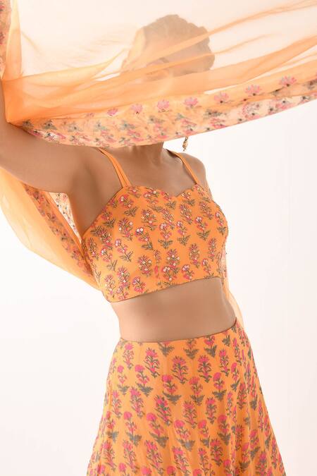 Pooja Rajgarhia Gupta Orange Organza, Georgette Sweetheart Neck Printed Lehenga Set Online at Aza Fashions Pooja Rajgarhia Gupta_Orange Organza, Georgette Sweetheart Neck Printed Lehenga Set _Online_at_Aza_Fashions