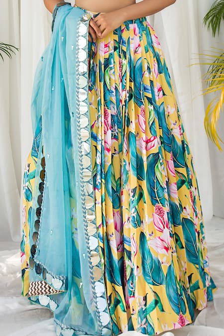 Shop Izzumi Mehta Blue Organza, Crepe Leaf Neck Printed Lehenga Set at Aza Fashions Shop_Izzumi Mehta_Blue Organza, Crepe Leaf Neck Printed Lehenga Set _at_Aza_Fashions