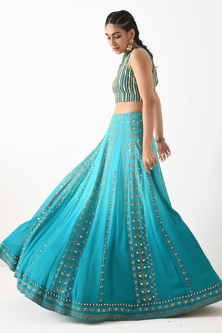 Pooja Rajgarhia Gupta_Blue Organza, Georgette Halter Embroidered Lehenga Set _Online_at_Aza_Fashions