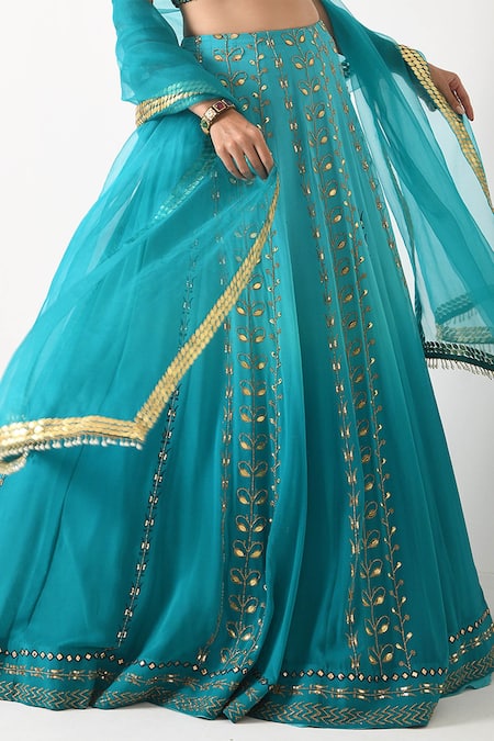 Shop_Pooja Rajgarhia Gupta_Blue Organza, Georgette Halter Embroidered Lehenga Set _Online_at_Aza_Fashions