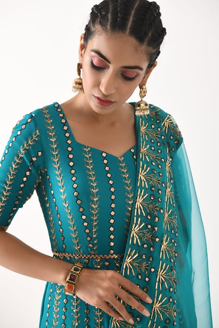 Pooja Rajgarhia Gupta_Blue Organza, Georgette Leaf Neck Printed Anarkali With Dupatta _at_Aza_Fashions