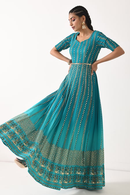 Buy_Pooja Rajgarhia Gupta_Blue Organza, Georgette Leaf Neck Printed Anarkali With Dupatta _Online_at_Aza_Fashions