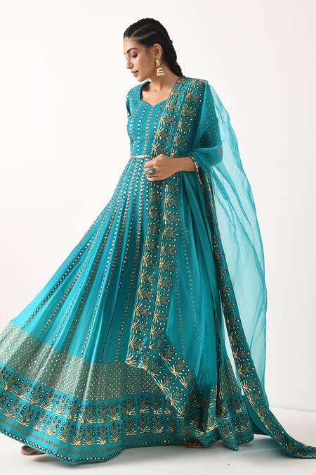 Shop_Pooja Rajgarhia Gupta_Blue Organza, Georgette Leaf Neck Printed Anarkali With Dupatta _Online_at_Aza_Fashions